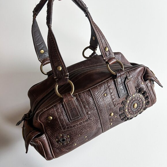 Vintage Y2K Coach Brown Pebbled Leather Mia Studded Satchel Bag Style 10064 - Picture 1 of 13